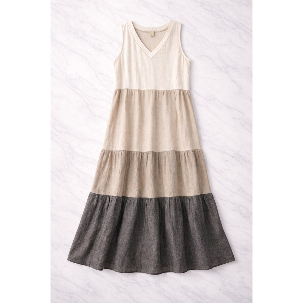 JOIE Tiered Maxi Dress XL Linen Blend Sleeveless Colorblock‎ Beachy Ivory - Picture 2 of 5